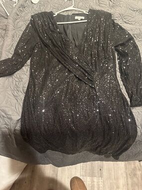 Black Sequin Wrap-Style Party Dress